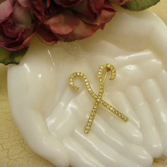 Vintage ORA Crystal Rhinestone Gold Egyptian Pharaoh Crook Scepter Brooch - Picture 3 of 15